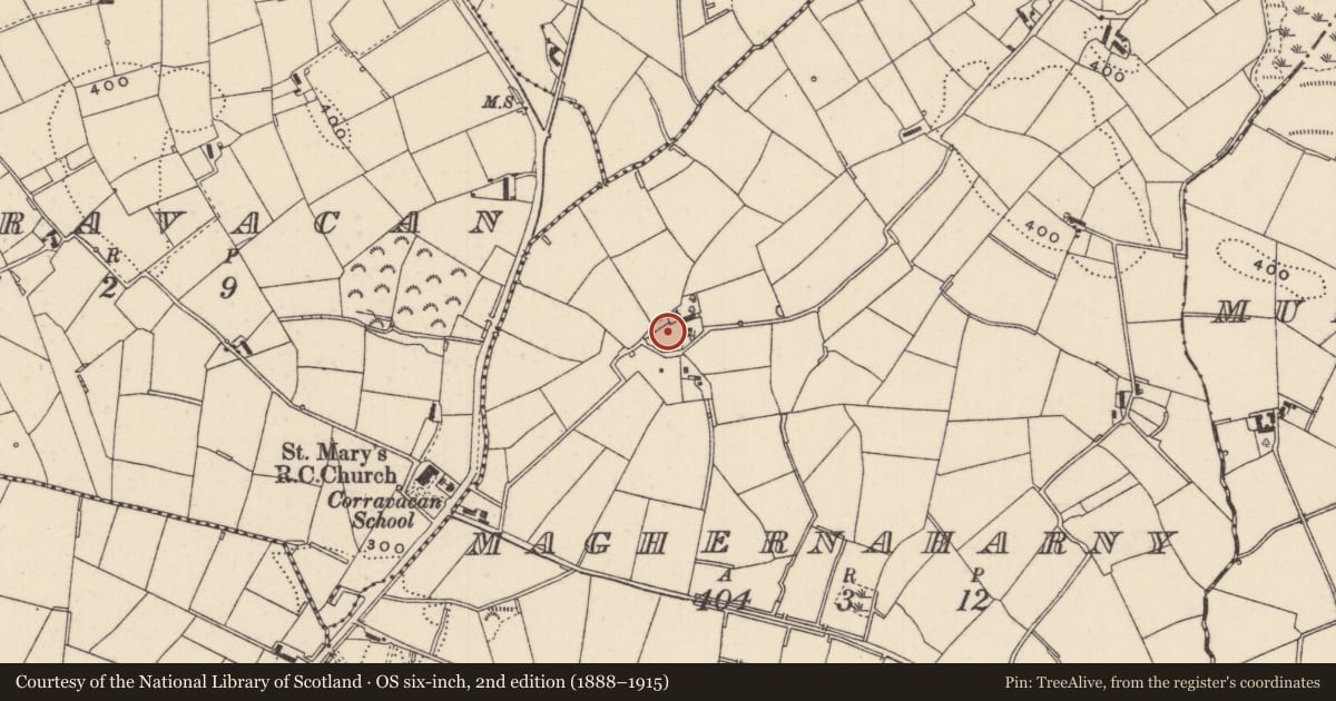 Ordnance Survey six-inch map, 2nd edition (1888–1915) covering the location of Ringfort - rath, Maghernaharny, County Monaghan, with a pin at the register's coordinates
