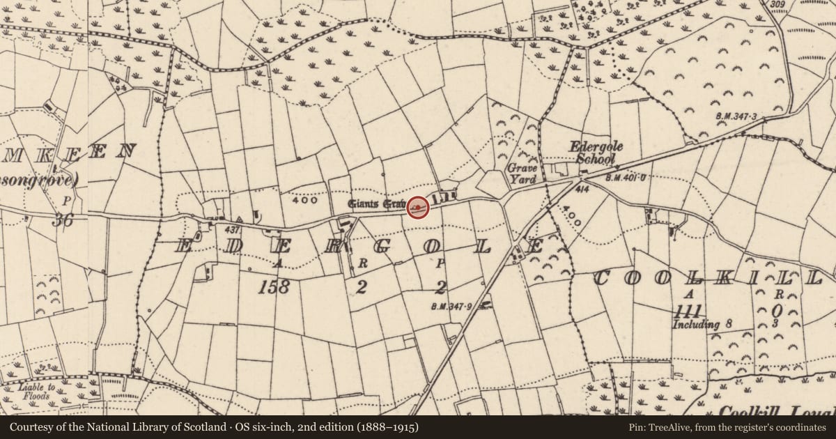 Ordnance Survey six-inch map, 2nd edition (1888–1915) covering the location of Megalithic tomb - court tomb, Edergole, County Monaghan, with a pin at the register's coordinates