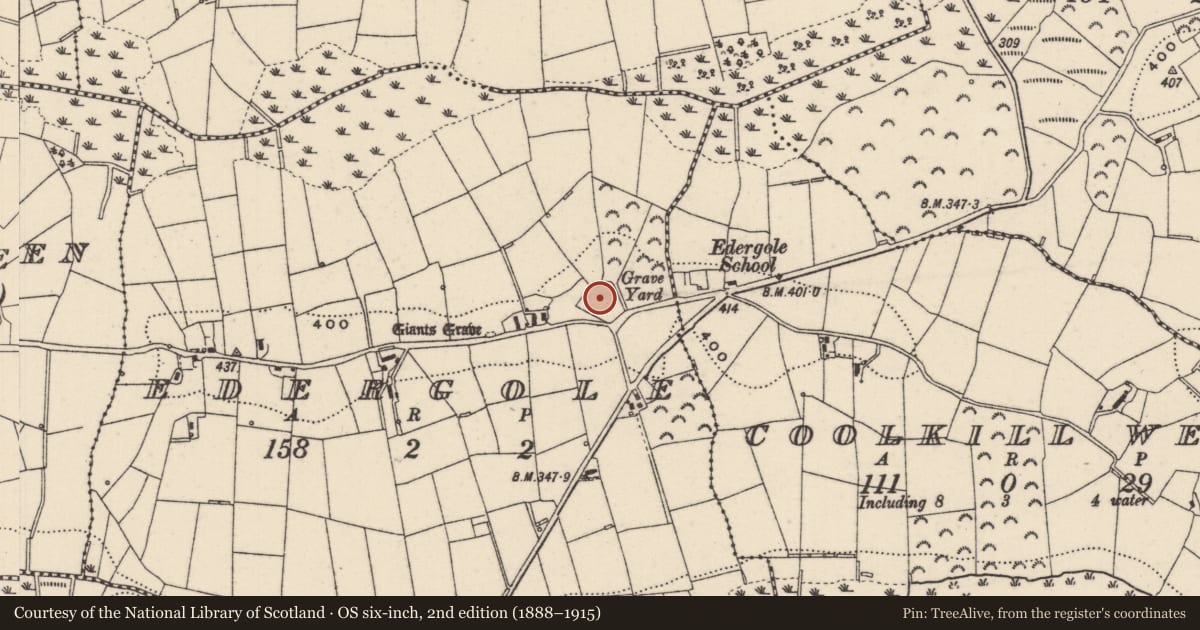 Ordnance Survey six-inch map, 2nd edition (1888–1915) covering the location of Graveyard, Edergole, County Monaghan, with a pin at the register's coordinates