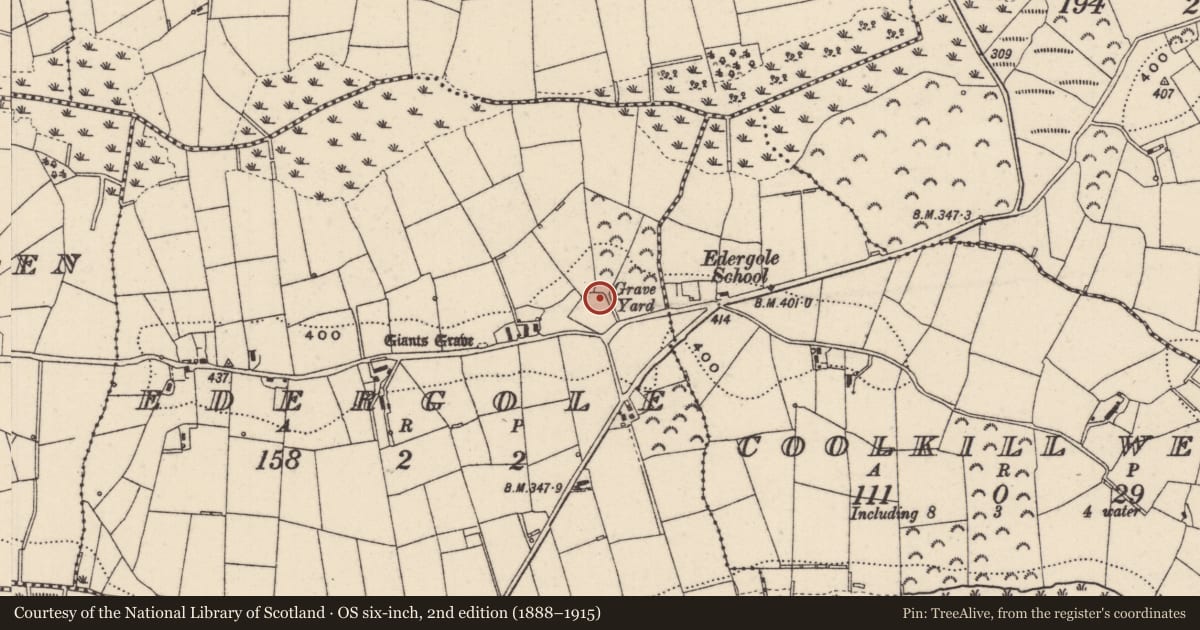 Ordnance Survey six-inch map, 2nd edition (1888–1915) covering the location of Church, Edergole, County Monaghan, with a pin at the register's coordinates