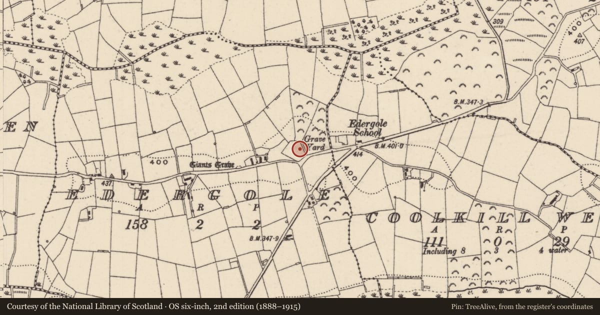 Ordnance Survey six-inch map, 2nd edition (1888–1915) covering the location of Graveslab, Edergole, County Monaghan, with a pin at the register's coordinates
