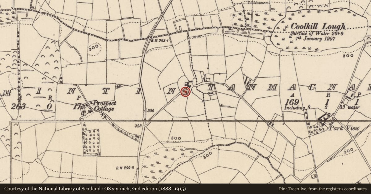 Ordnance Survey six-inch map, 2nd edition (1888–1915) covering the location of Ringfort - rath, Drumintin, County Monaghan, with a pin at the register's coordinates