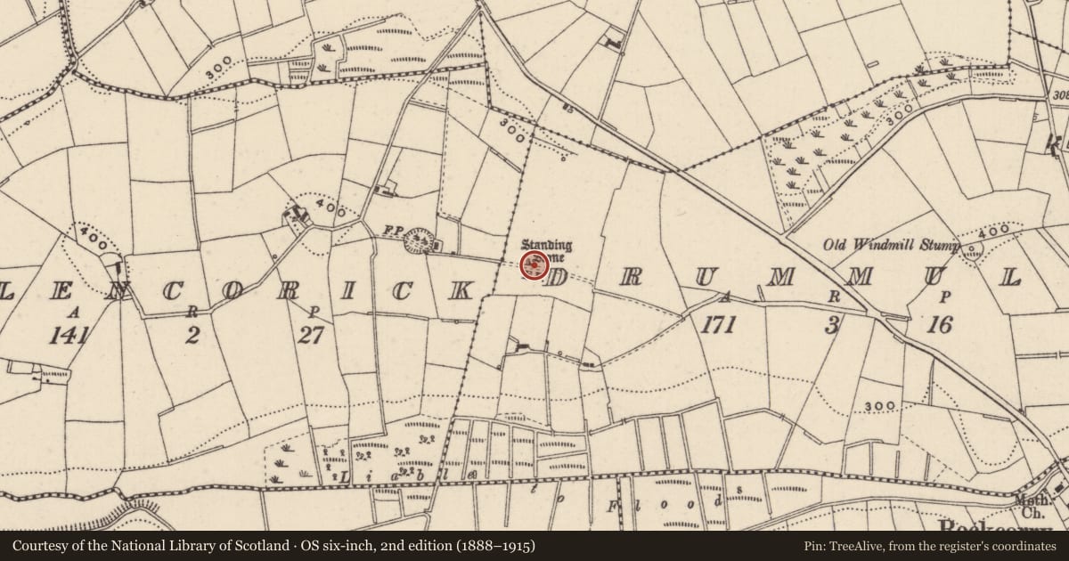 Ordnance Survey six-inch map, 2nd edition (1888–1915) covering the location of Standing stone, Drummulla, County Monaghan, with a pin at the register's coordinates