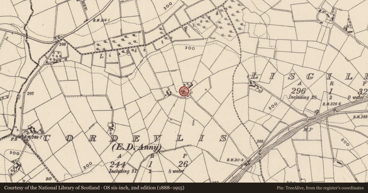 Ordnance Survey six-inch map, 2nd edition (1888–1915) covering the location of Ringfort - rath, Cordevlis (Cremorne By., Aghamullen Par.), County Monaghan, with a pin at the register's coordinates