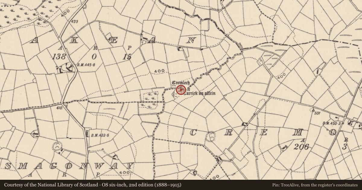 Ordnance Survey six-inch map, 2nd edition (1888–1915) covering the location of Mass-rock, Cremoyle, County Monaghan, with a pin at the register's coordinates