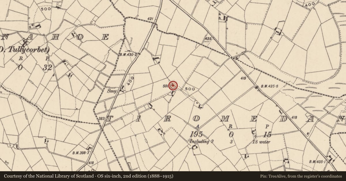 Ordnance Survey six-inch map, 2nd edition (1888–1915) covering the location of House - indeterminate date, Tiromedan, County Monaghan, with a pin at the register's coordinates