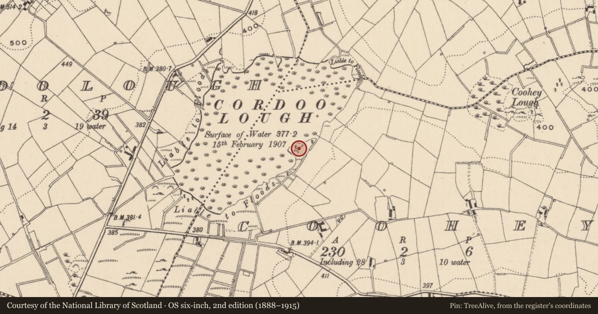 Ordnance Survey six-inch map, 2nd edition (1888–1915) covering the location of Crannog, Coohey, County Monaghan, with a pin at the register's coordinates