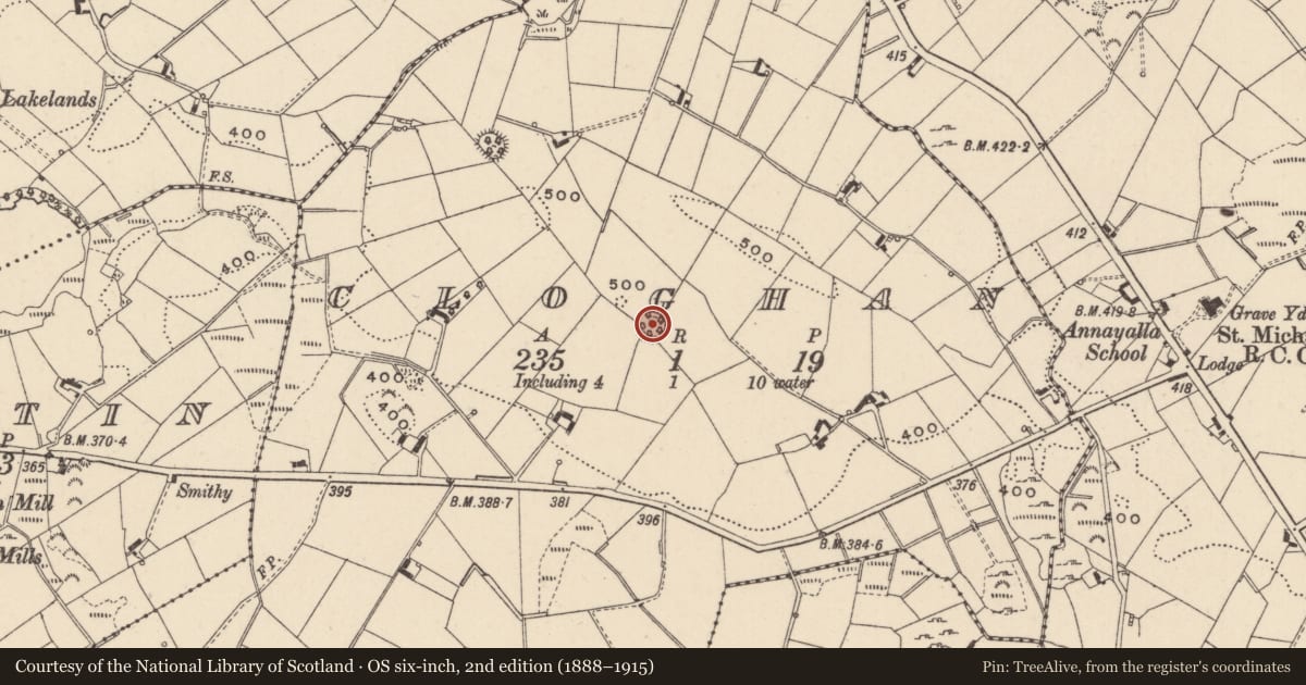 Ordnance Survey six-inch map, 2nd edition (1888–1915) covering the location of Ringfort - rath, Cloghan, County Monaghan, with a pin at the register's coordinates