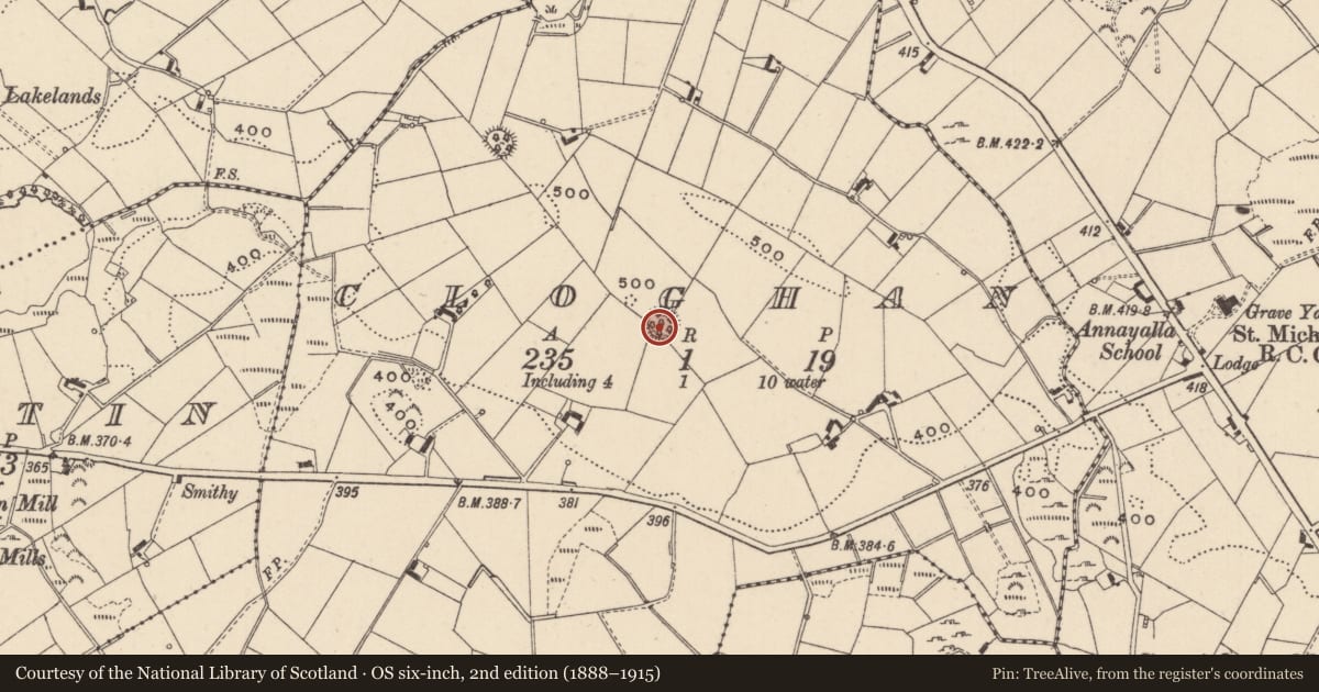 Ordnance Survey six-inch map, 2nd edition (1888–1915) covering the location of Souterrain, Cloghan, County Monaghan, with a pin at the register's coordinates