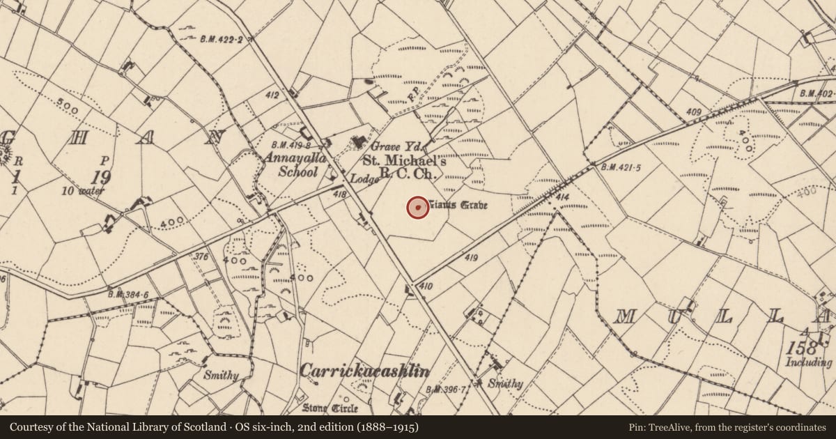 Ordnance Survey six-inch map, 2nd edition (1888–1915) covering the location of Megalithic tomb - unclassified, Annayalla, County Monaghan, with a pin at the register's coordinates