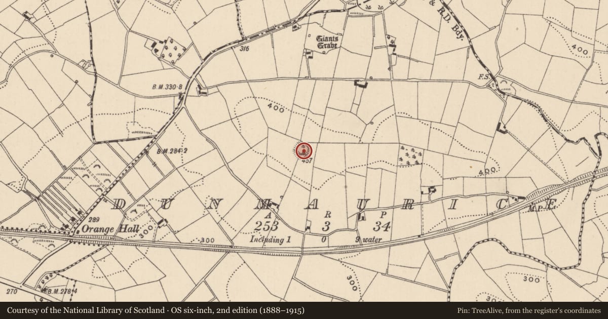 Ordnance Survey six-inch map, 2nd edition (1888–1915) covering the location of Souterrain, Dunmaurice, County Monaghan, with a pin at the register's coordinates