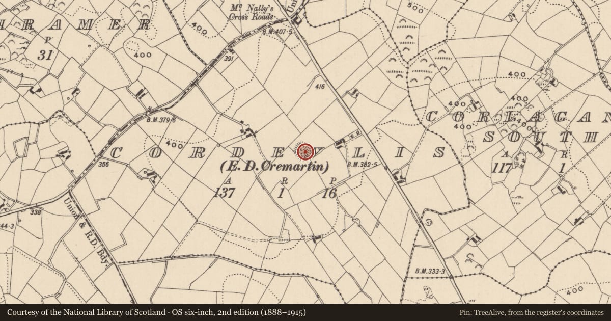 Ordnance Survey six-inch map, 2nd edition (1888–1915) covering the location of Ringfort - rath, Cordevlis (Cremorne By., Clontibret Par.), County Monaghan, with a pin at the register's coordinates