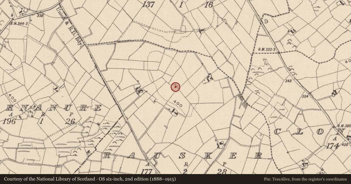 Ordnance Survey six-inch map, 2nd edition (1888–1915) covering the location of Ringfort - rath, Rausker, County Monaghan, with a pin at the register's coordinates