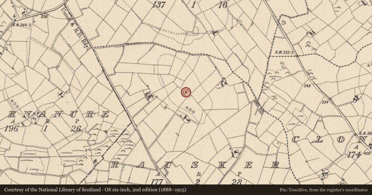 Ordnance Survey six-inch map, 2nd edition (1888–1915) covering the location of Souterrain, Rausker, County Monaghan, with a pin at the register's coordinates