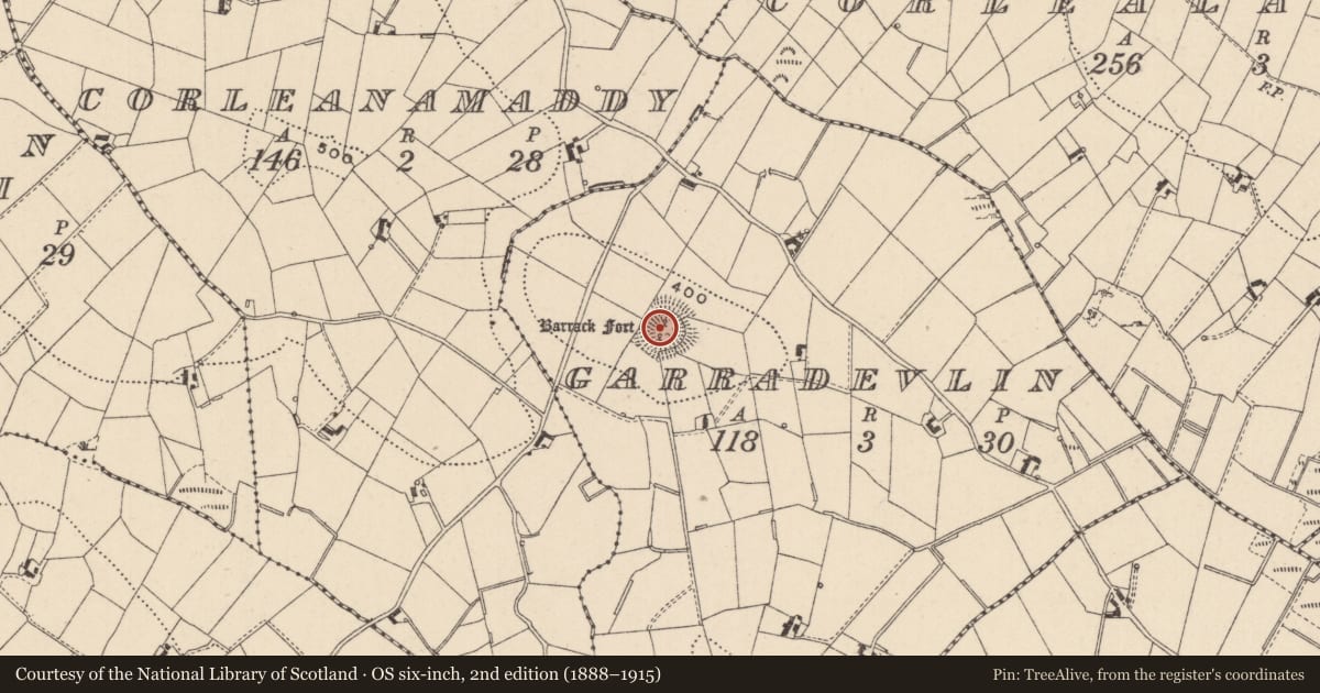 Ordnance Survey six-inch map, 2nd edition (1888–1915) covering the location of Souterrain, Garradevlin, County Monaghan, with a pin at the register's coordinates