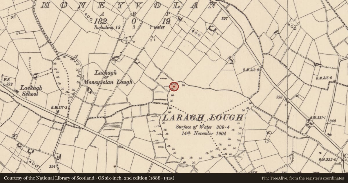 Ordnance Survey six-inch map, 2nd edition (1888–1915) covering the location of Crannog, Moneyvolan, County Monaghan, with a pin at the register's coordinates