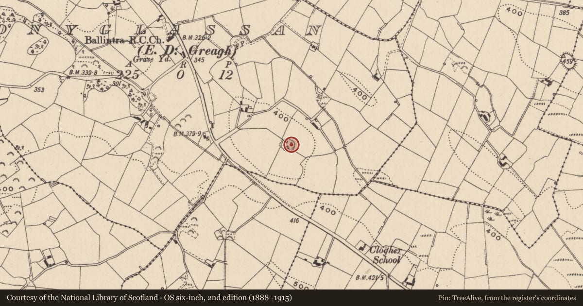 Ordnance Survey six-inch map, 2nd edition (1888–1915) covering the location of Ringfort - rath, Tonyglassan (Cremorne By, County Monaghan, with a pin at the register's coordinates