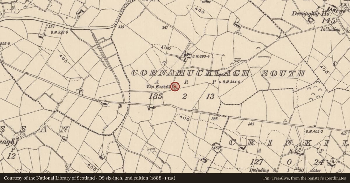 Ordnance Survey six-inch map, 2nd edition (1888–1915) covering the location of Megalithic tomb - court tomb, Cornamucklagh South, County Monaghan, with a pin at the register's coordinates