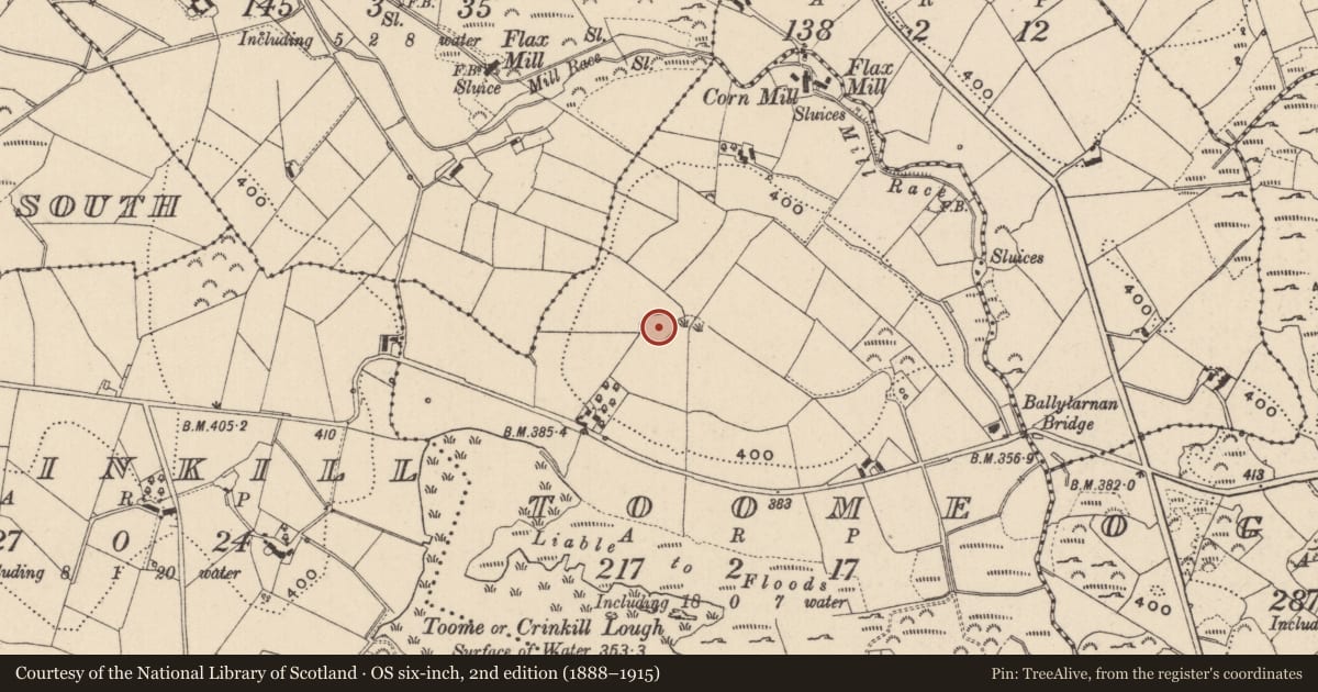 Ordnance Survey six-inch map, 2nd edition (1888–1915) covering the location of Ringfort - rath, Toome (Cremorne By., Clontibret Par.), County Monaghan, with a pin at the register's coordinates