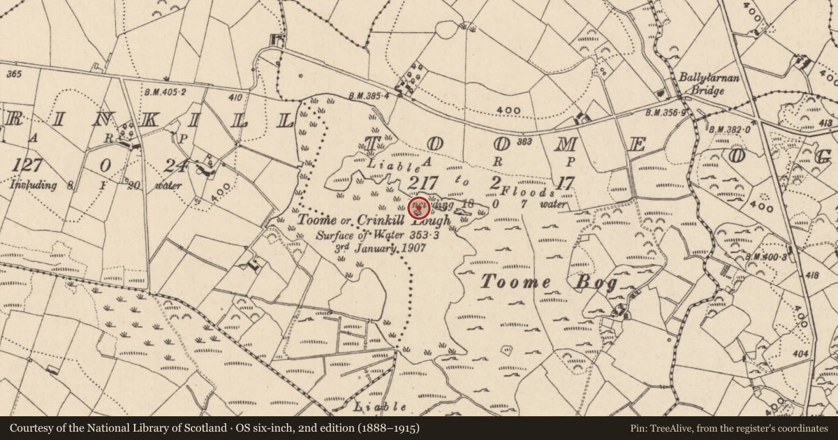 Ordnance Survey six-inch map, 2nd edition (1888–1915) covering the location of Crannog, Toome (Cremorne By., Clontibret Par.), County Monaghan, with a pin at the register's coordinates
