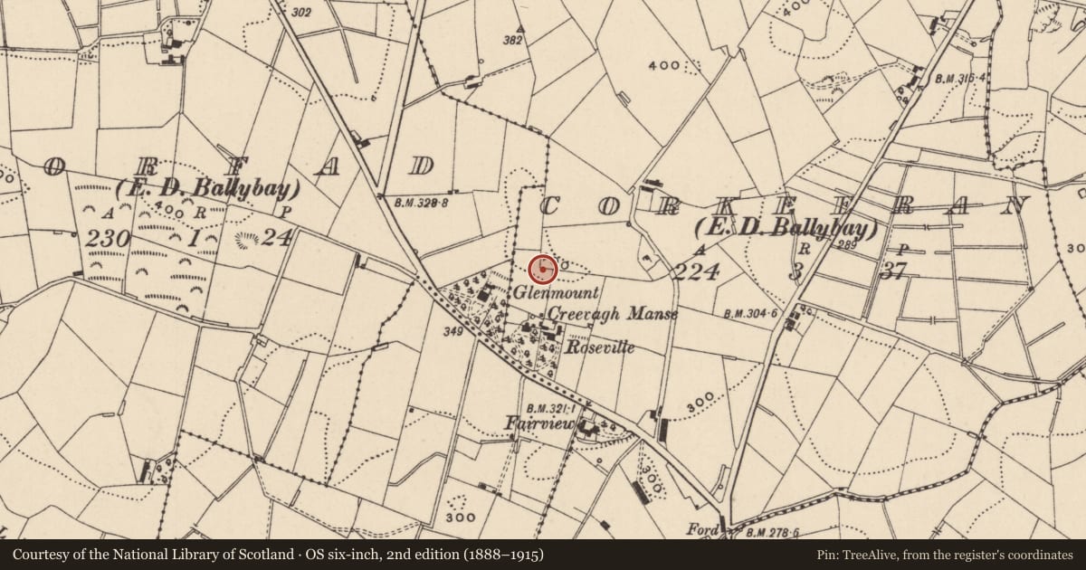 Ordnance Survey six-inch map, 2nd edition (1888–1915) covering the location of Ringfort - rath, Corkeeran (Cremorne By., Ballybay Par.), County Monaghan, with a pin at the register's coordinates