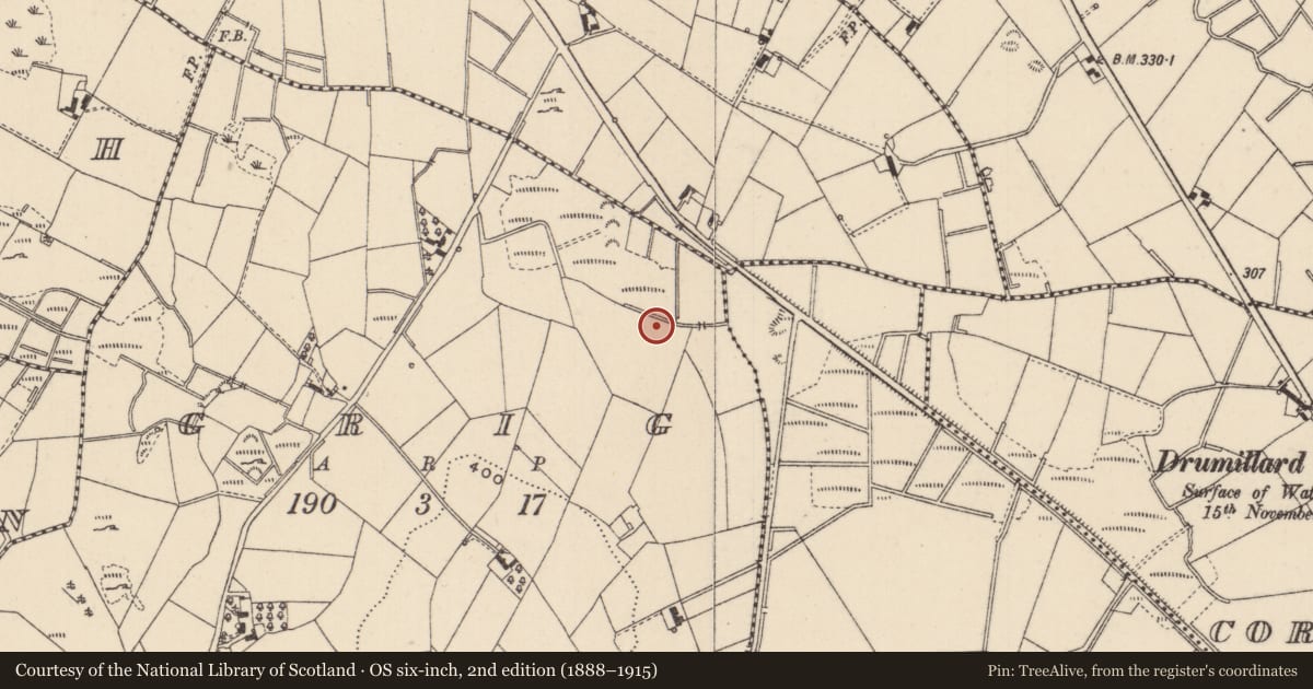 Ordnance Survey six-inch map, 2nd edition (1888–1915) covering the location of Fulacht fia, Grig, County Monaghan, with a pin at the register's coordinates