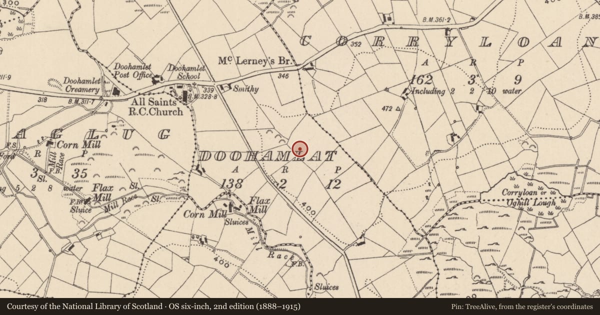 Ordnance Survey six-inch map, 2nd edition (1888–1915) covering the location of Barrow - mound barrow, Doohamlat, County Monaghan, with a pin at the register's coordinates