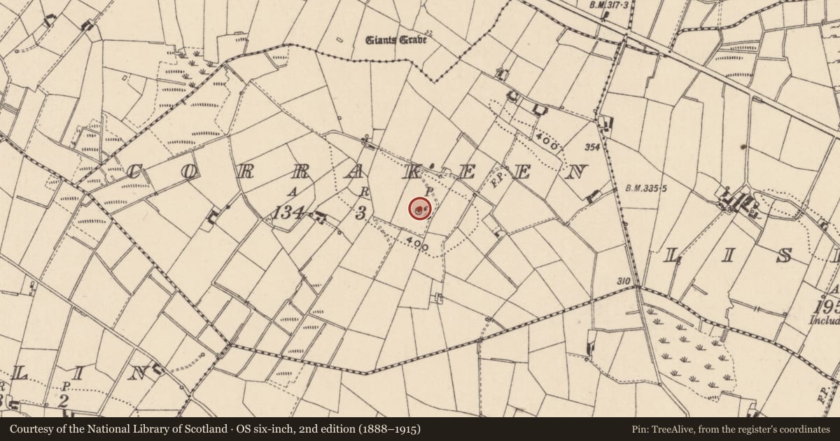 Ordnance Survey six-inch map, 2nd edition (1888–1915) covering the location of Enclosure, Corrakeen, County Monaghan, with a pin at the register's coordinates