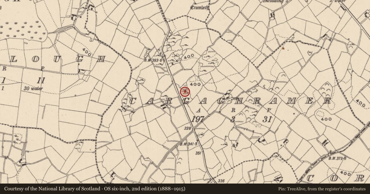 Ordnance Survey six-inch map, 2nd edition (1888–1915) covering the location of Mass-rock, Cargaghramer, County Monaghan, with a pin at the register's coordinates