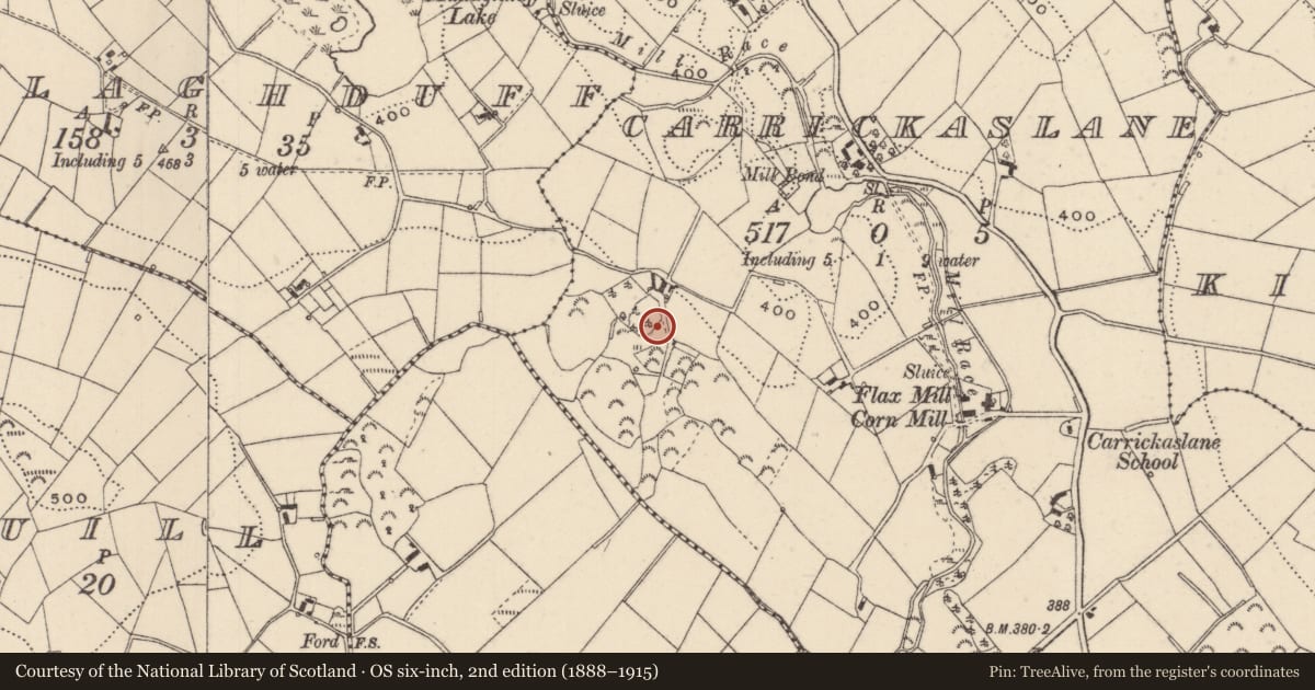Ordnance Survey six-inch map, 2nd edition (1888–1915) covering the location of Ringfort - rath, Carrickaslane, County Monaghan, with a pin at the register's coordinates