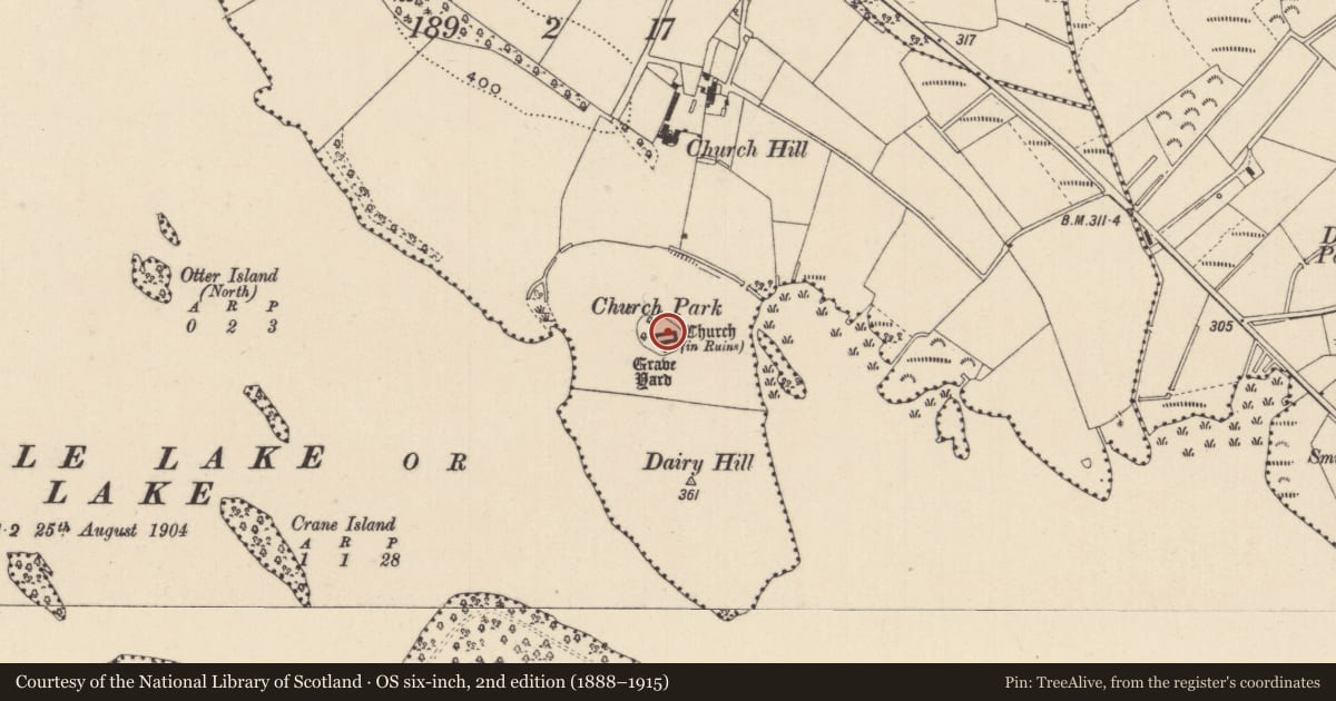 Ordnance Survey six-inch map, 2nd edition (1888–1915) covering the location of Church, Church Hill, County Monaghan, with a pin at the register's coordinates