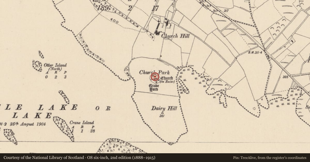Ordnance Survey six-inch map, 2nd edition (1888–1915) covering the location of Graveyard, Church Hill, County Monaghan, with a pin at the register's coordinates