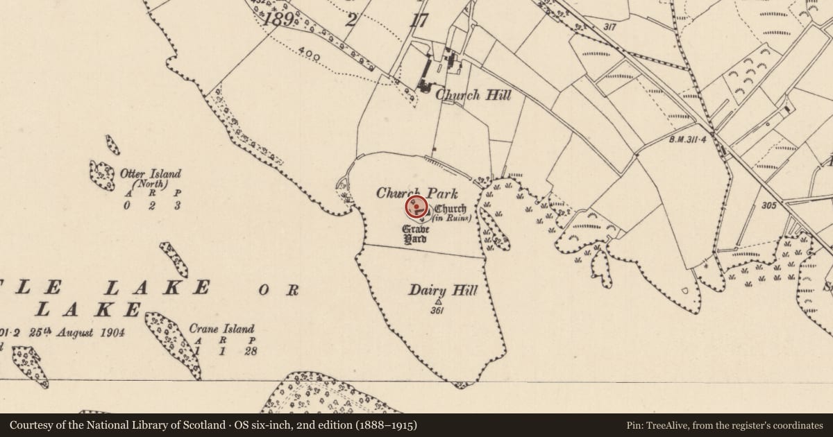 Ordnance Survey six-inch map, 2nd edition (1888–1915) covering the location of Font, Church Hill, County Monaghan, with a pin at the register's coordinates