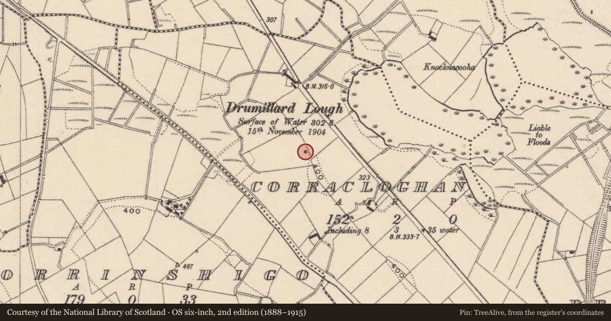 Ordnance Survey six-inch map, 2nd edition (1888–1915) covering the location of Earthwork, Corracloghan, County Monaghan, with a pin at the register's coordinates