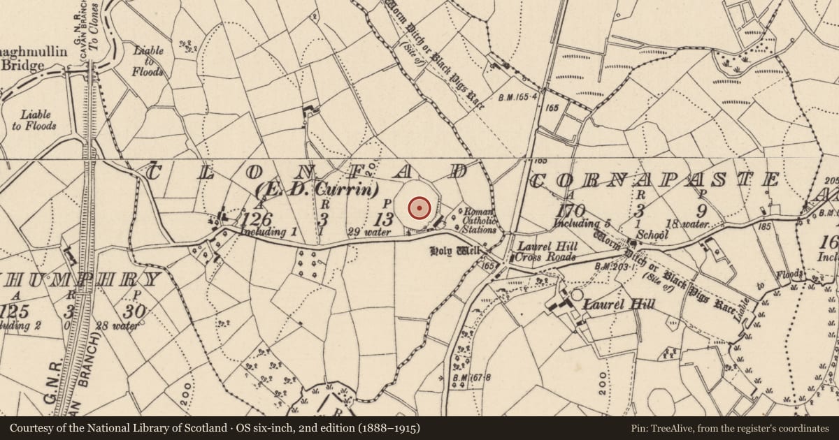 Ordnance Survey six-inch map, 2nd edition (1888–1915) covering the location of Ecclesiastical enclosure, Clonfad (Dartree by, County Monaghan, with a pin at the register's coordinates