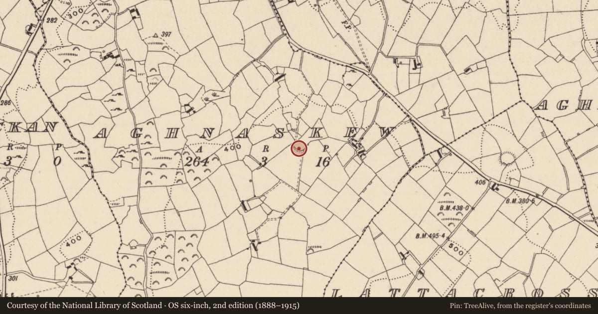 Ordnance Survey six-inch map, 2nd edition (1888–1915) covering the location of Ringfort - rath, Aghnaskew, County Monaghan, with a pin at the register's coordinates