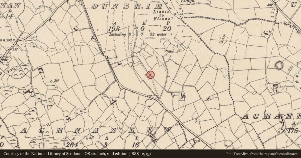 Ordnance Survey six-inch map, 2nd edition (1888–1915) covering the location of Ringfort - cashel, Dunsrim, County Monaghan, with a pin at the register's coordinates