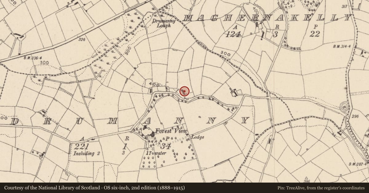 Ordnance Survey six-inch map, 2nd edition (1888–1915) covering the location of Souterrain, Drumanny, County Monaghan, with a pin at the register's coordinates