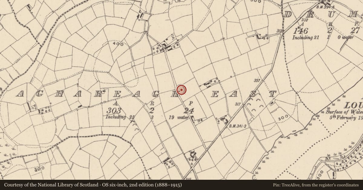 Ordnance Survey six-inch map, 2nd edition (1888–1915) covering the location of Ringfort - rath, Aghareagh East, County Monaghan, with a pin at the register's coordinates