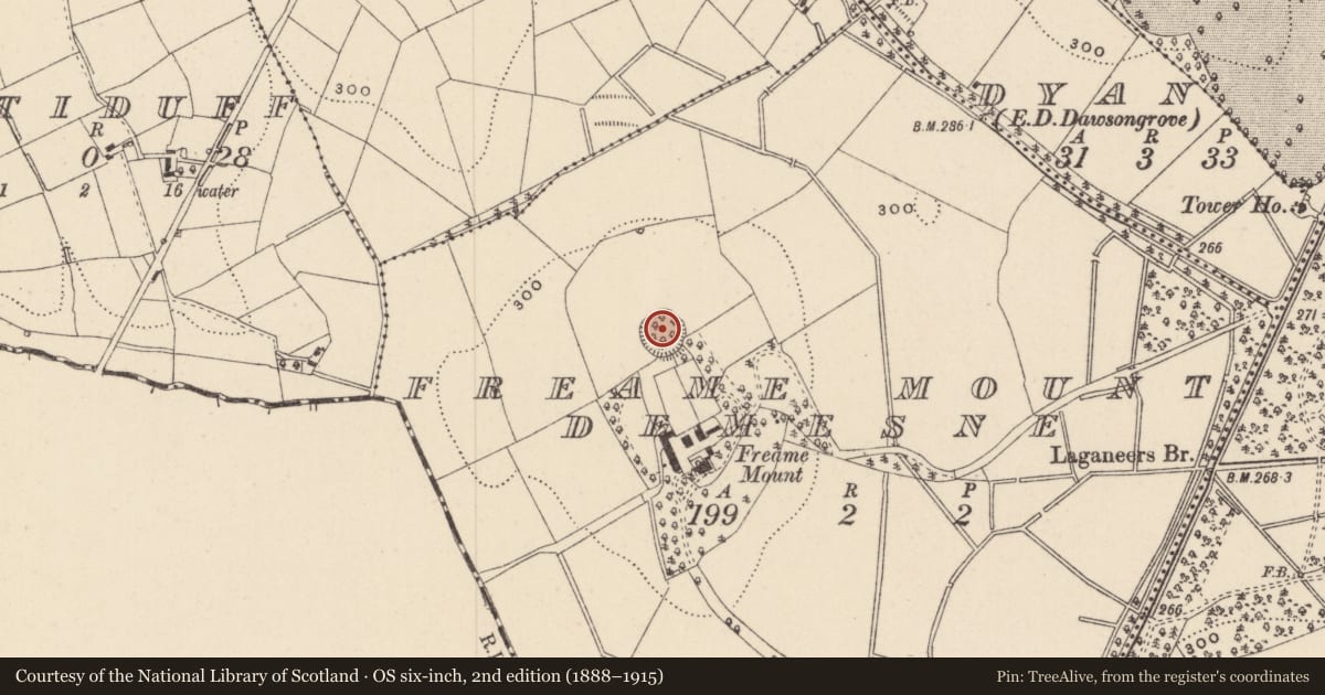 Ordnance Survey six-inch map, 2nd edition (1888–1915) covering the location of Ringfort - rath, Freame Mount Demesne, County Monaghan, with a pin at the register's coordinates