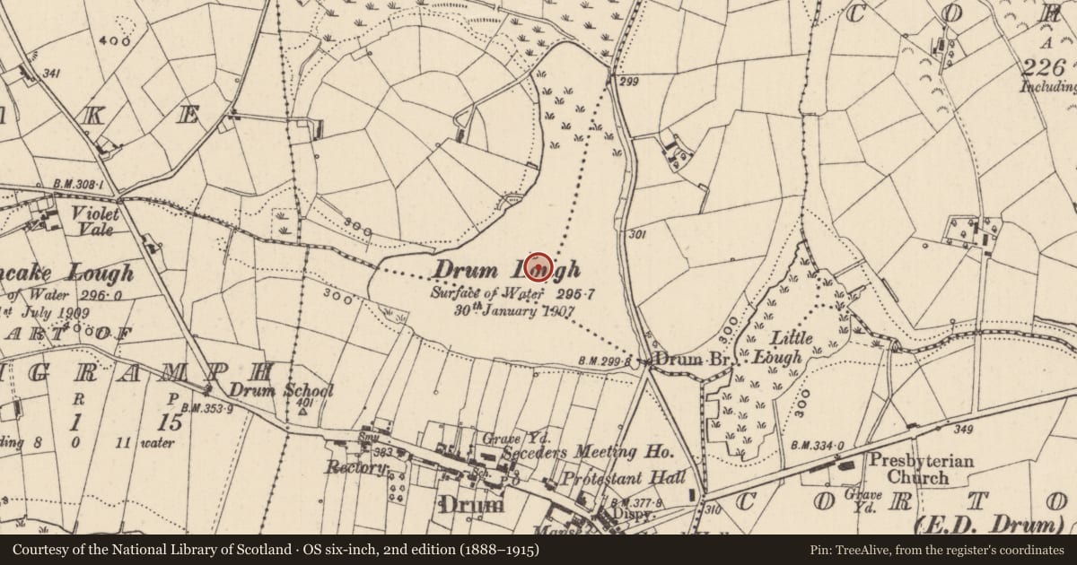 Ordnance Survey six-inch map, 2nd edition (1888–1915) covering the location of Crannog, Dunnaluck, County Monaghan, with a pin at the register's coordinates