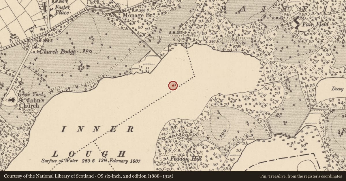 Ordnance Survey six-inch map, 2nd edition (1888–1915) covering the location of Crannog, Dawson Grove Demesne, County Monaghan, with a pin at the register's coordinates