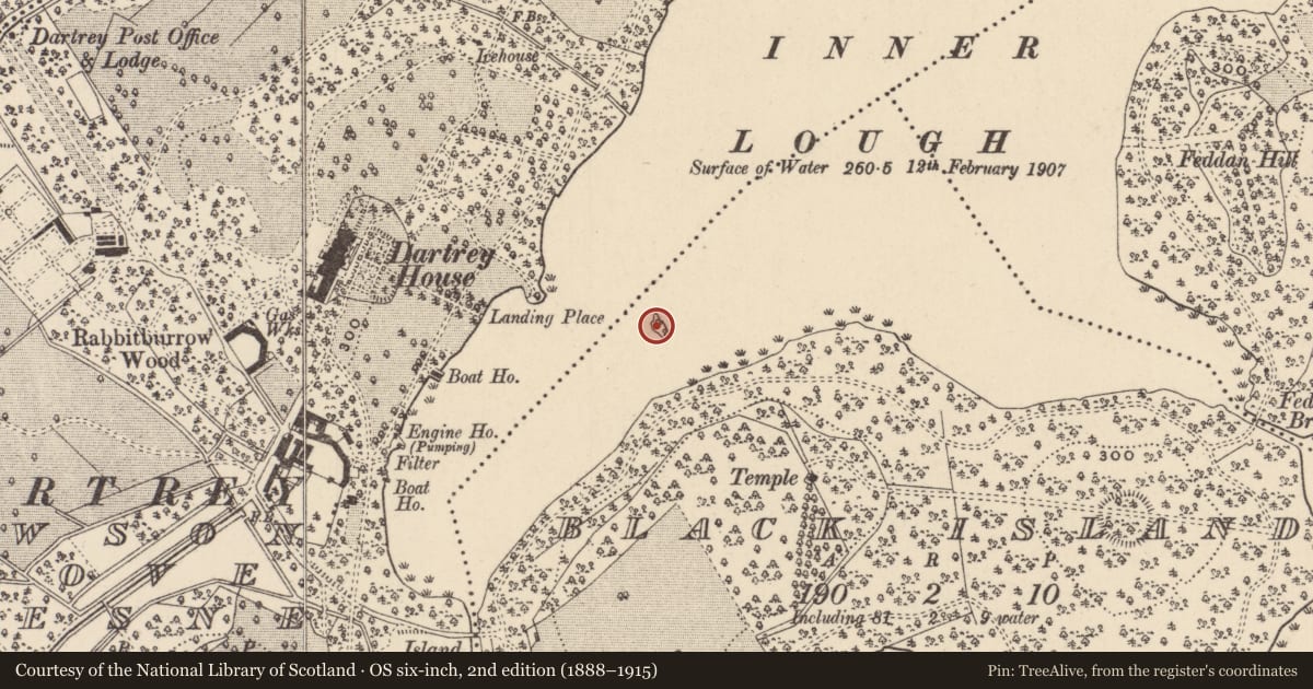 Ordnance Survey six-inch map, 2nd edition (1888–1915) covering the location of Crannog, Black Island (Dartree by, County Monaghan, with a pin at the register's coordinates