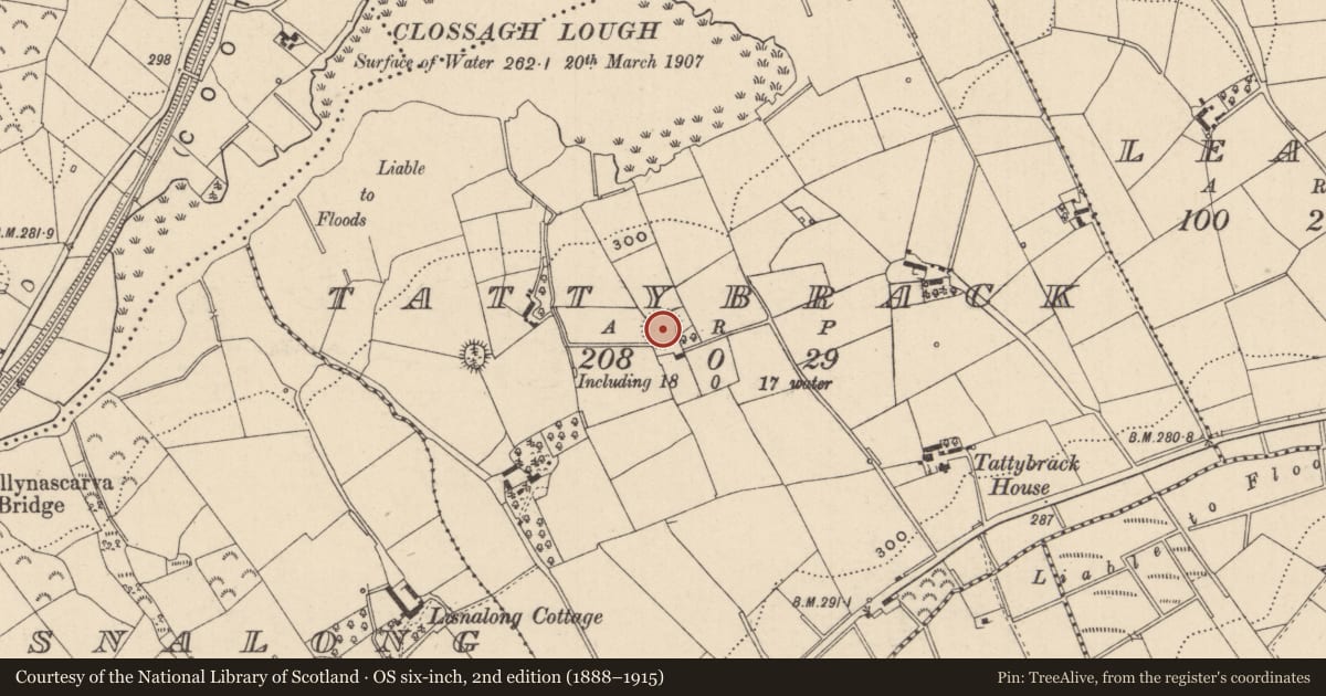 Ordnance Survey six-inch map, 2nd edition (1888–1915) covering the location of Ringfort - rath, Tattybrack, County Monaghan, with a pin at the register's coordinates