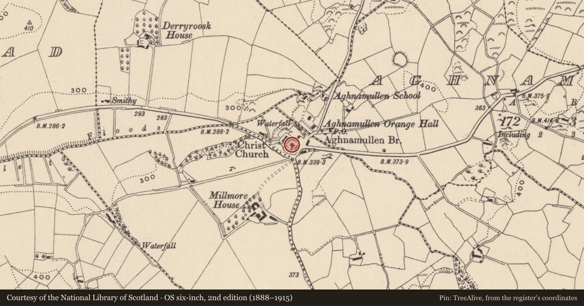 Ordnance Survey six-inch map, 2nd edition (1888–1915) covering the location of Church, Moyle More, County Monaghan, with a pin at the register's coordinates