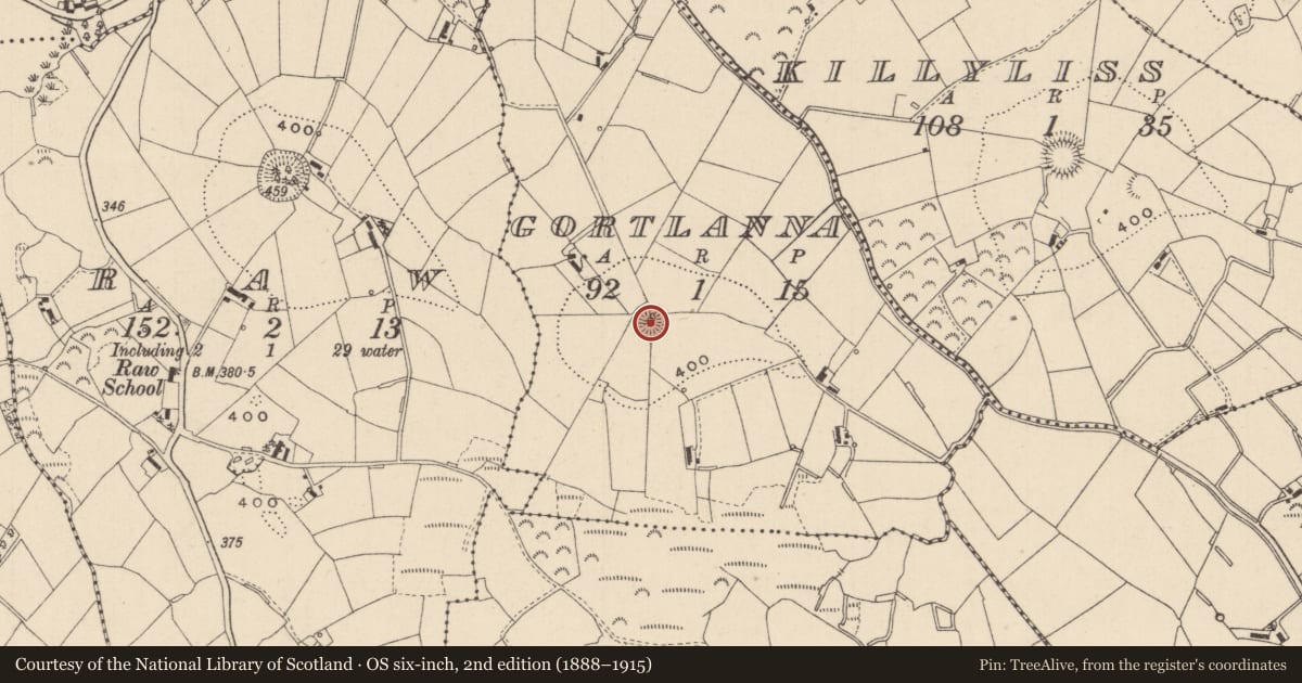 Ordnance Survey six-inch map, 2nd edition (1888–1915) covering the location of Ringfort - rath, Gortlanna, County Monaghan, with a pin at the register's coordinates
