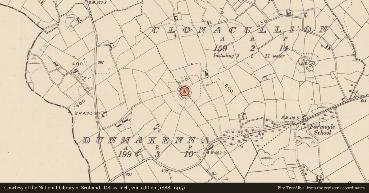 Ordnance Survey six-inch map, 2nd edition (1888–1915) covering the location of Ringfort - rath, Dunmakenna, Clonacullion, County Monaghan, with a pin at the register's coordinates