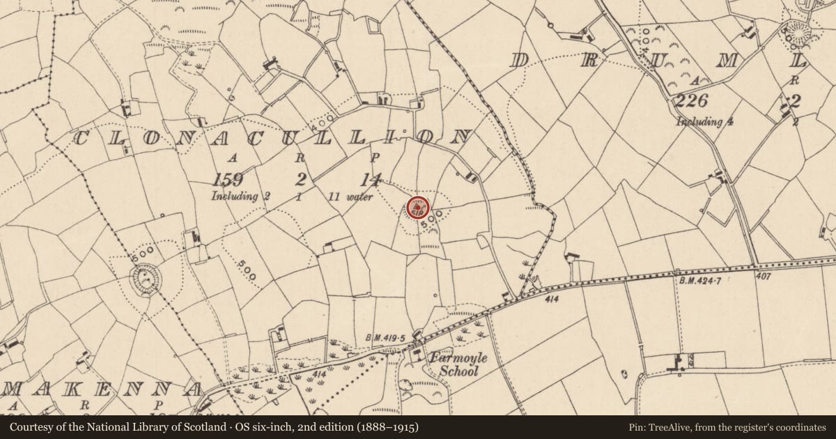 Ordnance Survey six-inch map, 2nd edition (1888–1915) covering the location of Ringfort - rath, Clonacullion, County Monaghan, with a pin at the register's coordinates