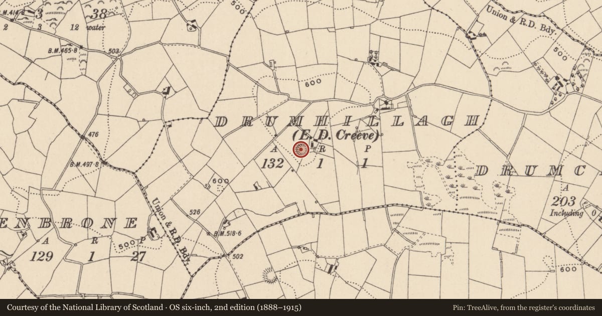 Ordnance Survey six-inch map, 2nd edition (1888–1915) covering the location of Ringfort - rath, Drumhillagh (Cremorne By., Aghnamullen Par.), County Monaghan, with a pin at the register's coordinates