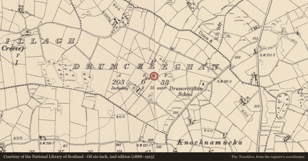 Ordnance Survey six-inch map, 2nd edition (1888–1915) covering the location of Ringfort - rath, Drumcreeghan, County Monaghan, with a pin at the register's coordinates